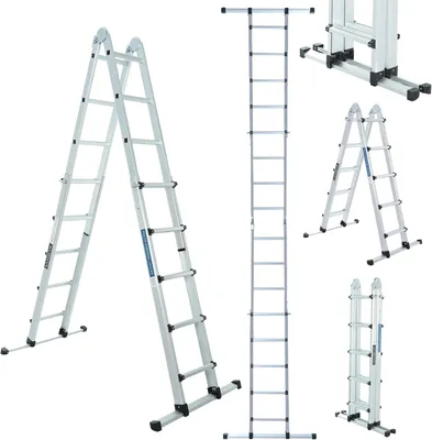Immagine prodotto di Scala telescopica - Scala pieghevole estensibile - Per lavori all'esterno - Con barra stabilizzatrice - Altezza 555 cm - Alluminio