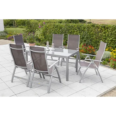 Obrázek produktu pro Sada zahradního nábytku Merxx "Carrara" 7ks se stolem 150 x 90 cm - hliníkový rám stříbrný s textilním potahem taupe