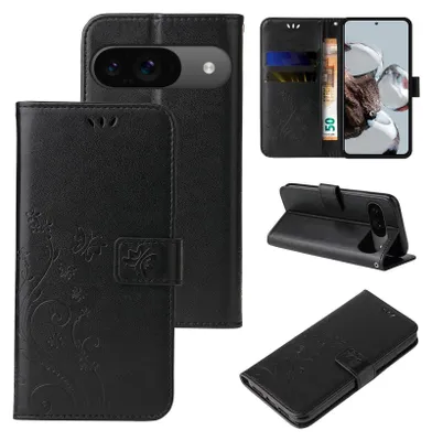 Produktbild von Handyhülle für Google Pixel 9 / 9 Pro Floral Blumen Schmetterling Flip Cover Hülle Case Klapphülle Handytasche Farbe: Schwarz