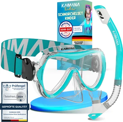 Produktbild von KAIMANA® SeaExplorer Schnorchelset Kinder + Tragetasche, Taucherbrille mit Schnorchel, Taucherbrille Kinder,Taucherbrille mit Stoffband
