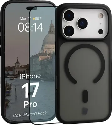Produktbild von Schutzhülle mit Magnetring + gehärtetem Glas für iPhone 17 Pro, Bizon MatteO Pack, Getönt-Schwarz