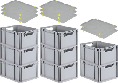 Produktbild von SuperSparSet 8x Eurobox NextGen Economy mit Auflagedeckel und 4x Schiebeschnappverschlüsse Gelb | Griffe offen | HxBxT 22x30x40cm | 20 Liter | Eurobehälter, Transportbox, Transportbehälter, Stapelbehälter