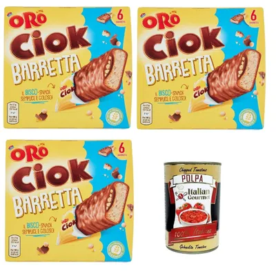 Produktbild von Oro Ciok Saiwa Barretta, Duftender riegel Keks, überzogen mit Milchschokolade und gefüllt mit Puffreis und Kakao, 3x 162 g + Italian Gourmet polpa 400g