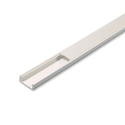 A white, U-shaped plastic profile with a recessed channel, shown diagonally against a white background.