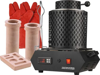 Produktbild von Goldschmelzofen - Elektrischer digitaler Metallschmelzofen - 1350 W - 1150 °C Max. Temperatur - Keramiktiegel 1–3 kg - Tiegelzange & Handschuhe - Für Gold, Silber, Kupfer - Rot