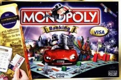 The image is a marketing image for the Monopoly Banking board game, showing the game box with a central illustration of the game board and pieces.