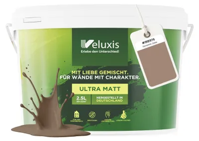 Produktbild von Wandfarbe Braun Beige Grau Matt Innenfarbe – Deckkraft Klasse 1, VOC-frei, Ohne Grundierung, Tropfarm – Wohnzimmer & Schlafzimmer – 2,5L – Veluxis (Dynamic Date)
