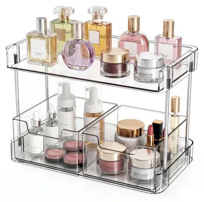 Image de Omgoods - Organisateur de maquillage transparent avec 2 compartiments - Idéal pour les cosmétiques