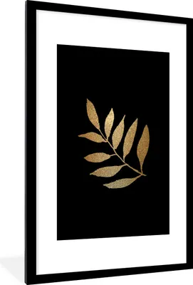 Produktbild von MuchoWow® MuchoWow® Gerahmtes Poster Schwarz und Gold - Zweig - Blätter 60x90 cm - Poster mit zchwarzem Bilderrahmen - Dekoration - Wandposter Wohnzimmer - Hochwertig