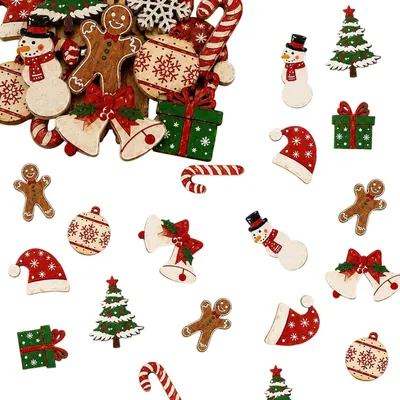 Imagen del producto de Decoraciones navideñas de madera para la mesa, 100 unidades, con 10 motivos diferentes, ideales para decorar mesas en celebraciones navideñas