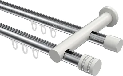 Produktbild von Interdeco Innenlaufstange / Gardinenstange mit Innenlauf Chrom / Weiß, Typ Platon Estana (Glitzerkappe), 20 mm Ø 2-läufig, 320 cm