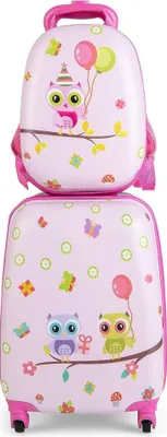 Produktbild von 2tlg Kinderkoffer + Rucksack aus Kunststoff Kindertrolley 12"+16" Rosa Vögelchen
