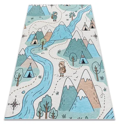 Zdjęcie produktu dla Dywan do prania BAMBINO 61590 Rzeka, góry, tipi dla dzieci, antypoślizgowy - krem / niebieski beżowy 120x170 cm
