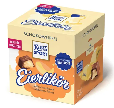 Produktbild von Ritter Sport Schokowürfel Eierlikör Box gefüllte Schokolade 176g