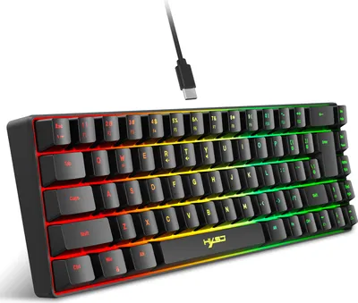 A black gaming keyboard with RGB lighting and a USB-C cable.