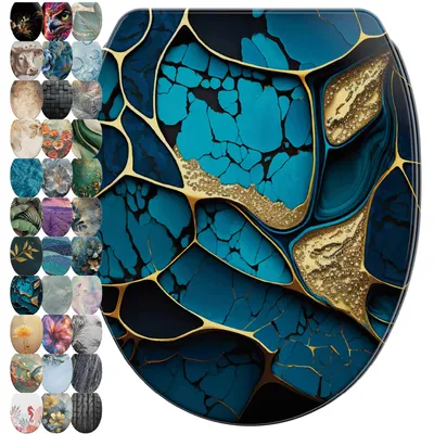 A collage of toilet seat designs, with a large central image of a toilet seat featuring a marble-like cobalt blue and gold abstract pattern.