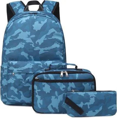 Productafbeelding van Kinderrugzak met lunchbox en potloodtas voor basisschool en middelbare school - Camo blauw