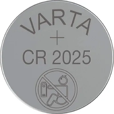 A close-up, top-down view of a Varta CR2025 lithium coin cell battery.