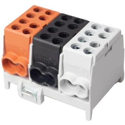 A product shot of a three-pole main line terminal block with orange, black, and white connectors.