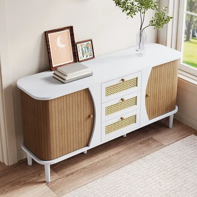 Produktbild von okwish Sideboard Kommode Buffetschrank Vitrine Rattanschrank mit drei Schubladen, Kommode mit Schiebetüren weiß