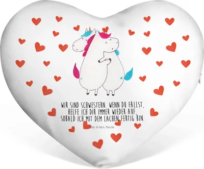 Produktbild von Mr. & Mrs. Panda Dekokissen Einhörner Umarmen - Weiß - Geschenk, Unicorn, Hochzeitskissen, Kuschelkissen, BFF, Liebe, Familie, dekoartikel, Einhorn, Valentinstags Kissen