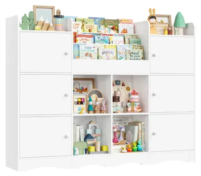 Image de Étagère à livres et à jouets pour enfants - Meuble de rangement en bois - 6 portes et 6 compartiments ouverts - 8 bacs amovibles - 140 x 30 x 106 cm - Blanc