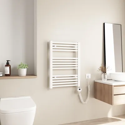Obrázek produktu pro Heilmetz Radiátor elektrický 70x60 cm Bílé rovné kulaté trubky Koupelnový radiátor elektrický s časovým ohřevem Bez topného tělesa