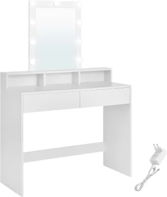 Obrázok produktu pre Toaletný Stolík, Led Osvetlenie S Nastaviteľným Jasom, Toaletný Stolík So Zrkadlom, 2 Zásuvky A 3 Priehradky, Toaletná Skrinka, Moderný, Biely