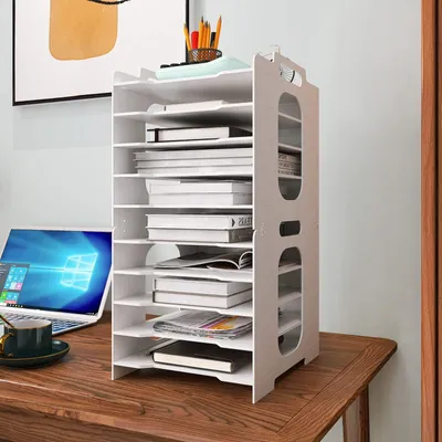 Image de Organisateur de bureau en bois d'érable, avec 10 compartiments pour le papier A4 et les documents