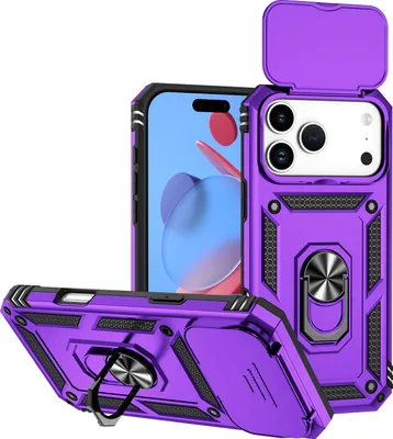 Obrázek produktu pro Pouzdro pro iPhone 17 Pro Max dvouvrstvé pouzdro s posuvným krytem kamery a prstencovým stojánkem Fialová