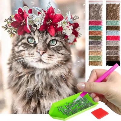 Produktbild von ARTULIO - Diamond Painting Set - Katze mit Blumenkranz - 40 x 30 cm - Bilder DIY, Crystal Art, Komplettset Mosaik + Zubehör