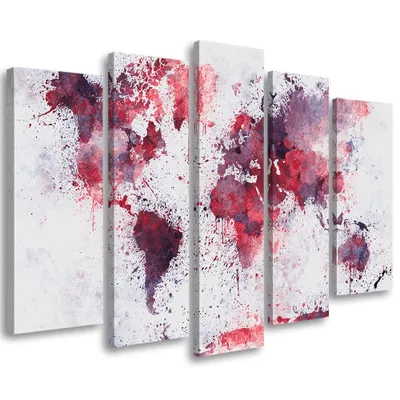 Produktbild von 5-teiliges leinwandbild weltkarte rot 200x100 cm Feeby lila wandbild bereit zum aufhängen
