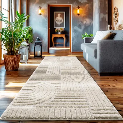 Produktbild von Homebyhome Hochflor Teppich Wohnzimmer Skandinavische Boho Design 3D Optik Teppich Shaggy Flauschig Weich, Grösse: 80x250 cm