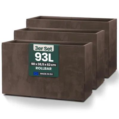 Produktbild von Kreher® XXL Sichtschutz Pflanzkasten hoch 93L - 98x38,5x62 cm - doppelwandig & rollbar, mit Entwässerungsstopfen - Naturstein Optik, 3 Stück Braun