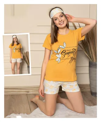 Produktbild von Damen Pyjama Schlafanzug Gelb XL Shorty Kurz Baumwolle 2 Teiler L-57