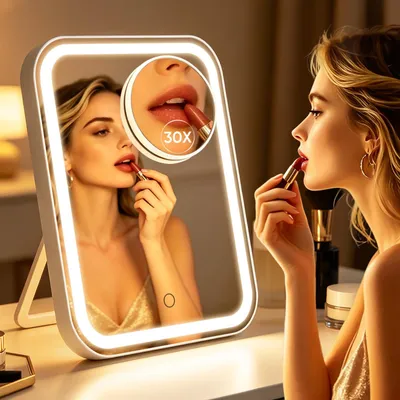 Make-up-Spiegel, LED, 1X/10X, aufladbar, Typ-C, 360° drehbar, rechteckig