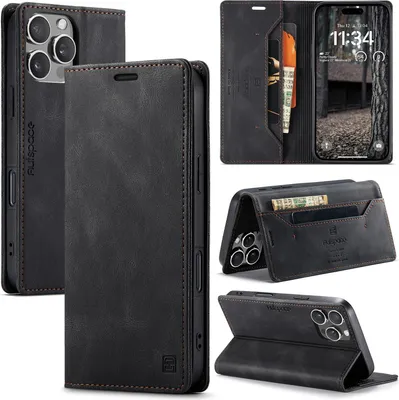 Produktbild von Hülle für iPhone 16 Pro Max, Retro Kunstleder Tasche Kartenfächern und Ständer Schutzhülle Schwarz