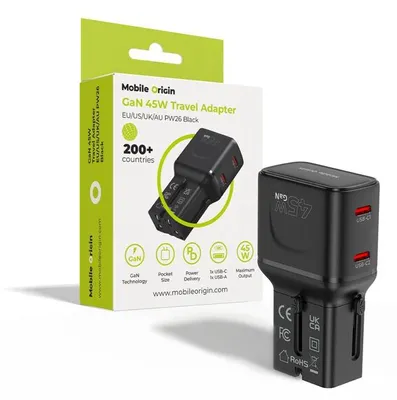 Immagine prodotto di Adattatore da viaggio Mobile Origin da 45 W, UE/USA/Regno Unito/Australia PW26, nero