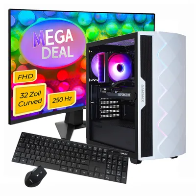 GAMEMAX Gaming-PC MegaDeal Diamond WT Komplett-SET i7 14700F 16GB RAM 1TB SSD RTX 5070 WIN11 + MSI MAG 32C6X Curved Monitor 80cm (32") + Zubehör