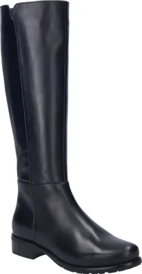 A single black leather boot is shown against a white background.
