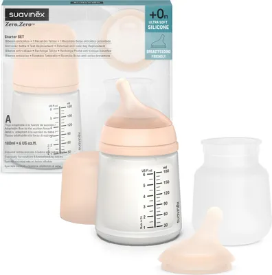 Produktbild von Suavinex, Set Zero Zero-Babyflasche. Anti-Kolik-Babyflasche 180 ml mit Sauger mit anpassbarem Nahrungsfluss + Sauger mit anpassbarem Nahrungsfluss + Nachfüllbeutel 1 stück (1er Pack)
