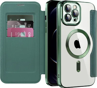 Immagine prodotto di Custodia per iPhone 12 Pro compatibile con MagSafe, custodia trasparente con portacarte, custodia in pelle con protezione della fotocamera verde