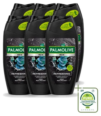 Imagen del producto de 6 unidades de gel de ducha 3 en 1 Palmolive Men, refrescante, 250 ml cada uno. Pack grande
