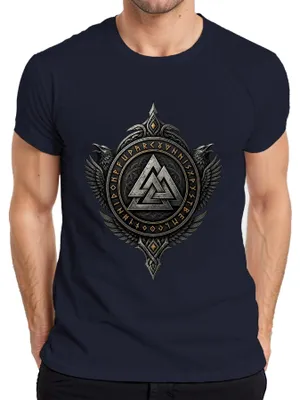 Productafbeelding van Valknut, Vikingen, raven, Hugin, Munin, runen, Valhalla, Odin, Germanen, heren T-shirt, marineblauw, XL