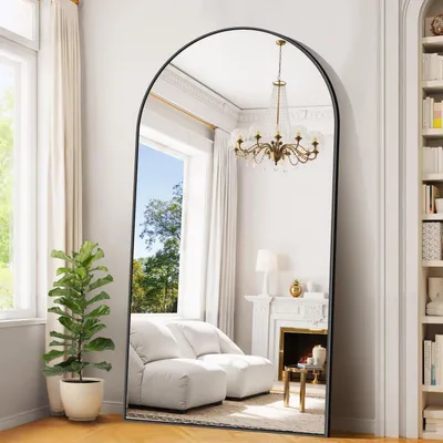 Image de Miroir mural corporel, dimensions 198x101 cm, forme incurvée, cadre en métal noir, peut être posé sur pied, fixé au mur ou incliné