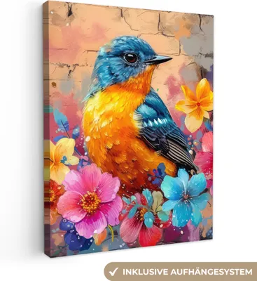 Produktbild von MuchoWow® - Leinwandbilder - Graffiti - Vogel - Blumen - Straßenkunst, Wandbild, Wanddeko Bilder Wohnzimmer, 60x80cm