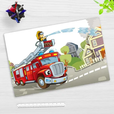 Produktbild von Schreibtischunterlage für Kinder und Erwachsene – “Feuerwehrauto im Einsatz“ – aus erstklassigem strapazierfähigem Vinyl – 60 x 40 cm – Germany