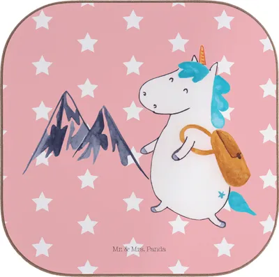 Produktbild von Mr. & Mrs. Panda Untersetzer für Gläser Einhorn Bergsteiger - Rot Pastell - Geschenk, Tischschoner, Coaster, Tischuntersetzer, Berge, Weltenbummler, Unicorn, Abenteuer