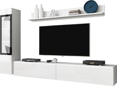 Produktbild von MIRJAN24 Wohnwand Vera I, Stilvoll Wohnzimmer-Set, TV-Schrank, Modern Mediawand (Weiß / Weiß Hochglanz, mit Beleuchtung)