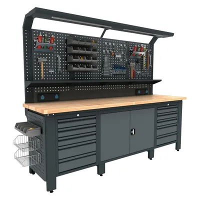 Produktbild von Industrie Werkbank mit Licht Strom 250x73x201cm BG Schubladen Schrank Werkstatt